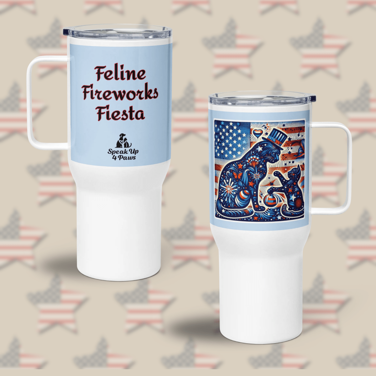 Feline Fireworks Fiesta - "Feline Fireworks Fiesta" - TrailMate Tumbler (Color: Pattens Blue) - Travel Mug - Speak Up 4 Paws