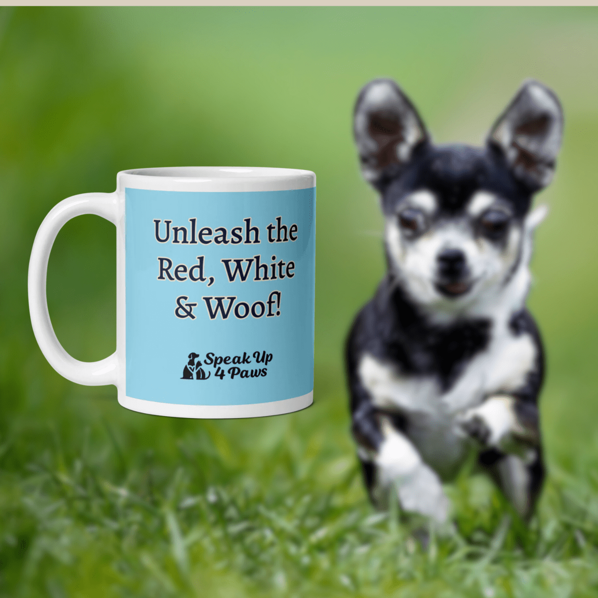 Bark of Freedom Trio - Chihuahua - "Unleash the Red, White & Woof!" - Signature Mug (Color: Columbia Blue) - Coffee Mug - Speak Up 4 Paws