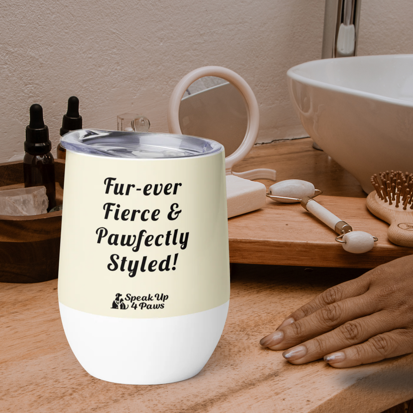 Feline Reverie - "Fur-ever Fierce & Pawfectly Styled!" - Pawfect Vino Tumbler (Color: Apricot White)