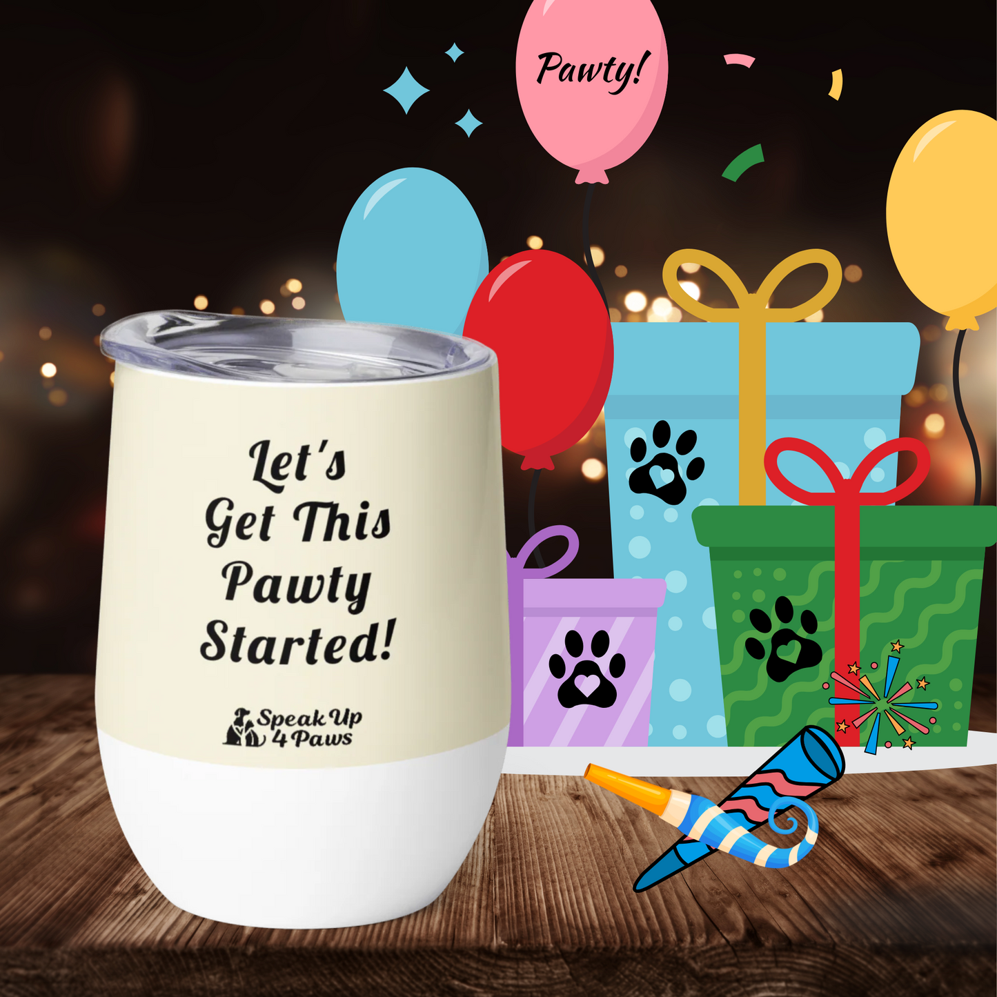 Feline Reverie - "Let's Get This Pawty Started!" - Pawfect Vino Tumbler (Color: Apricot White)
