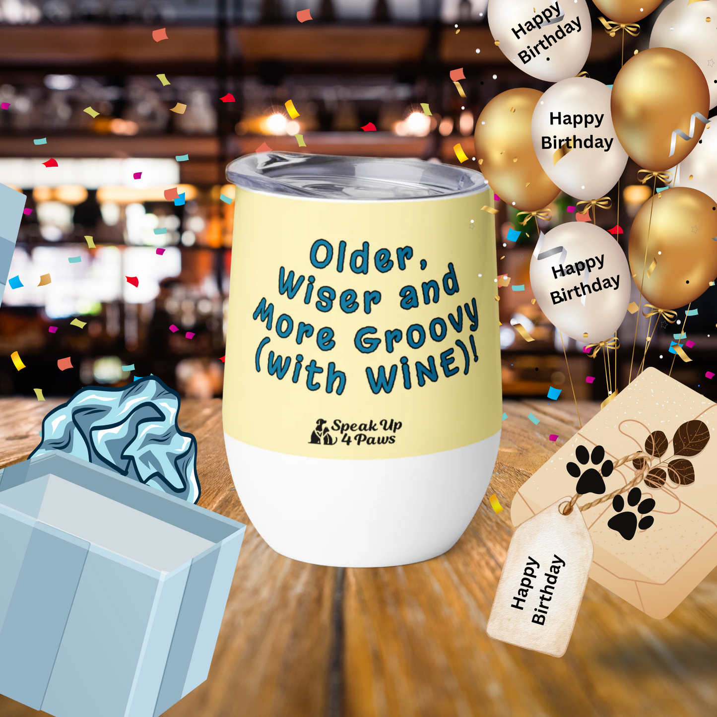 Groovy Canine - "Older, Wiser and More Groovy (with WINE!" - Pawfect Vino Tumbler (Color: Banana Mania)