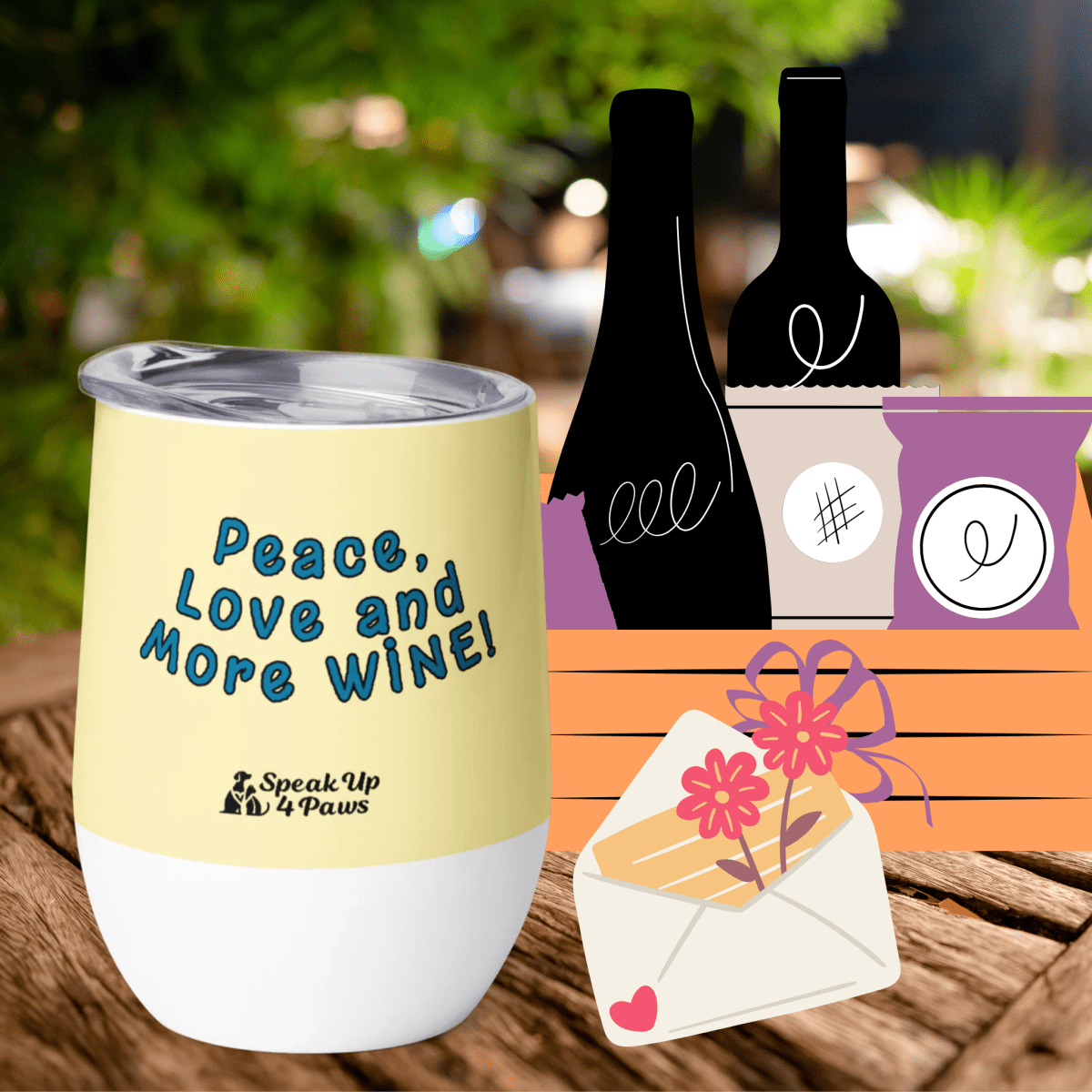 Groovy Canine - "Peace, Love and More WINE!" - Pawfect Vino Tumbler (Color: Banana Mania) - Wine Tumbler - Speak Up 4 Paws