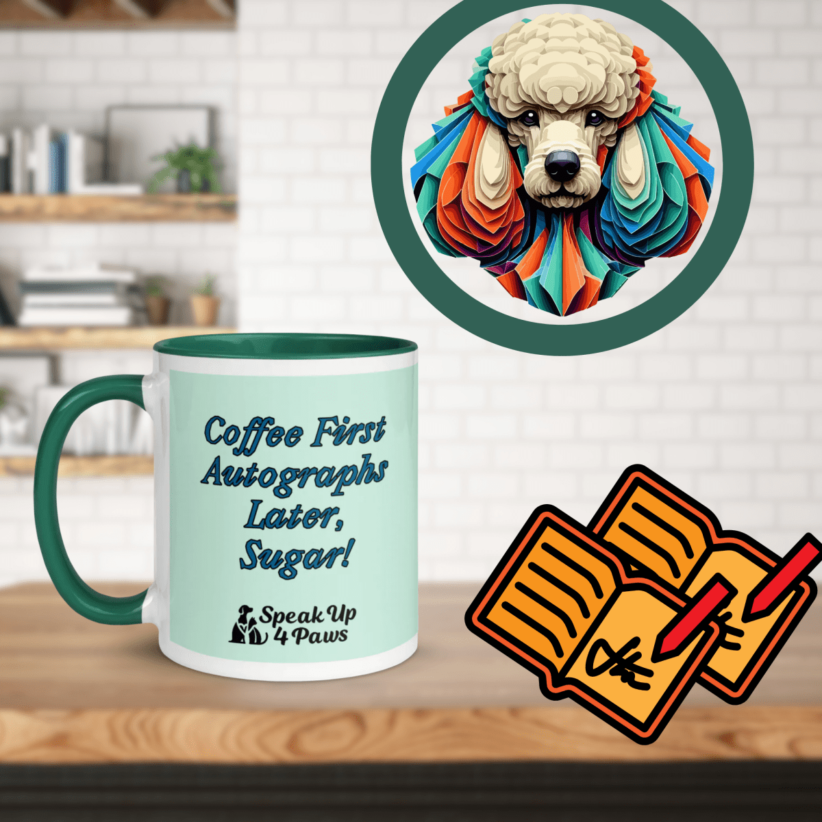 Miss Sniffany - "Coffee First Autographs Later, Sugar!" - Vivid Mug (Color: Humming Bird | Dark Green) - Coffee Mug - Inside Color - Speak Up 4 Paws