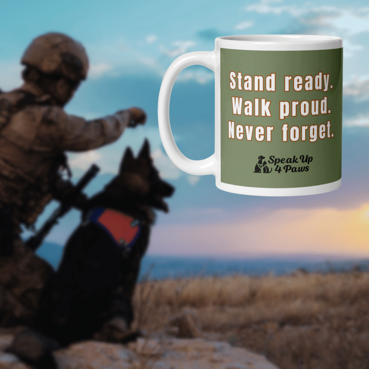 Sentinel of Valor - "Stand ready. Walk proud. Never forget." - Signature Mug (Color: Camouflage Green) - Coffee Mug - Speak Up 4 Paws
