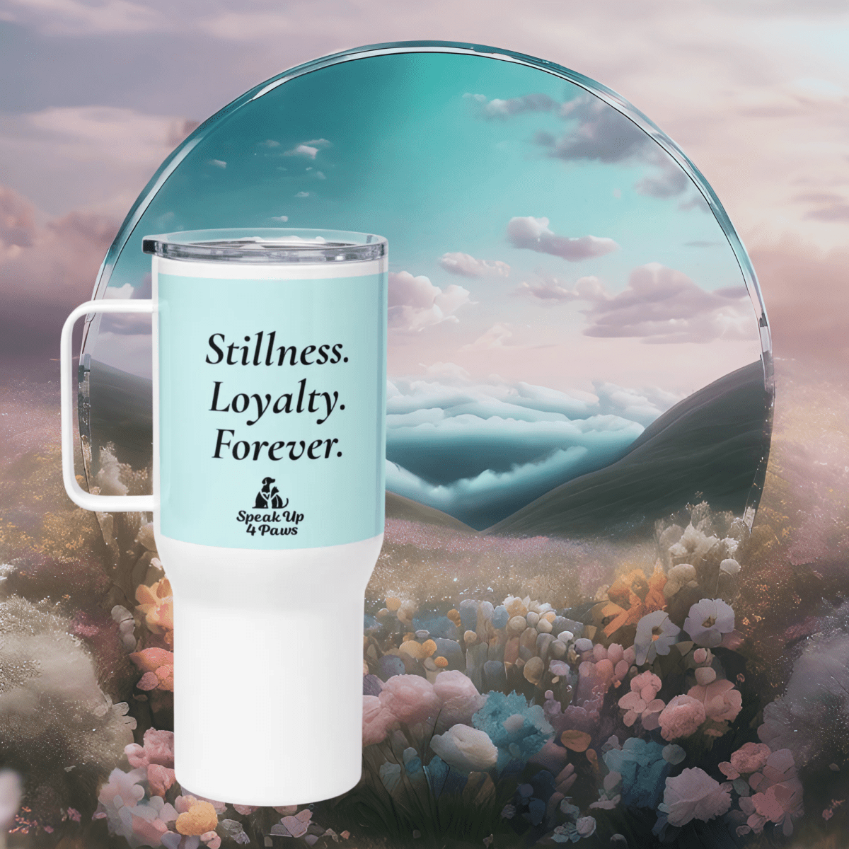 Sunset Buddies - "Stillness. Loyalty. Forever." - TrailMate Tumbler (Color: Light Cyan) - Travel Mug - Speak Up 4 Paws