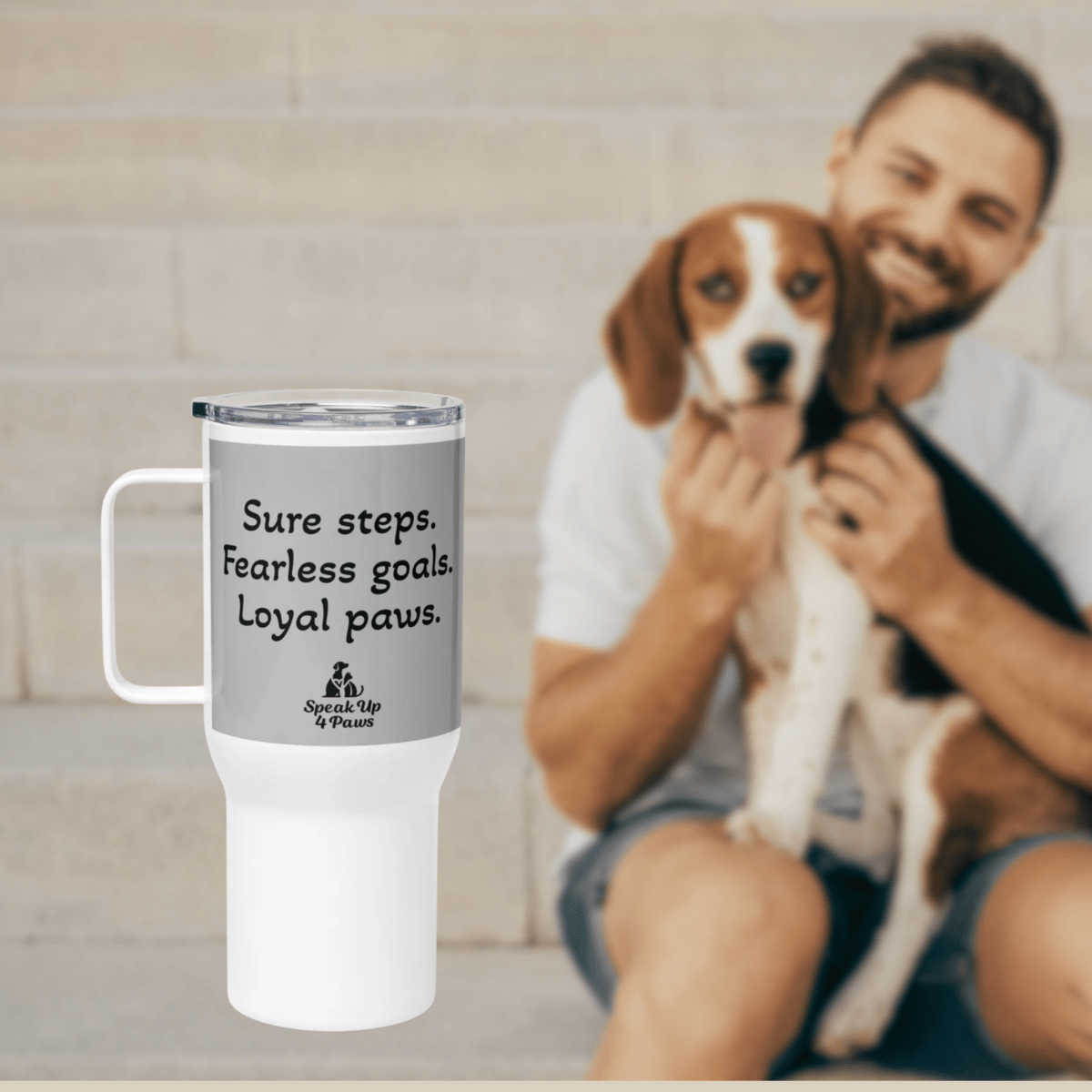 Sunset Friends - "Sure steps. Fearless goals. Loyal paws." - TrailMate Tumbler (Color: Pattens Blue) - Travel Mug - Speak Up 4 Paws