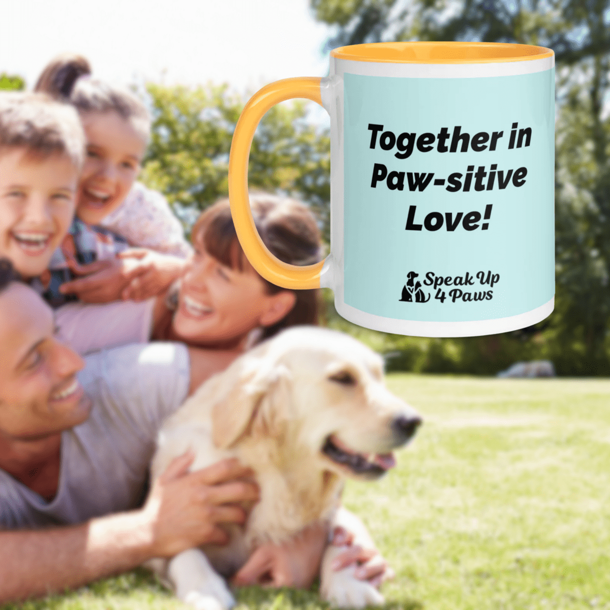 Unity Paws - "Together in Paw - sitive Love" - Vivid Mug (Color: Light Cyan | Golden Yellow) - Coffee Mug - Inside Color - Speak Up 4 Paws