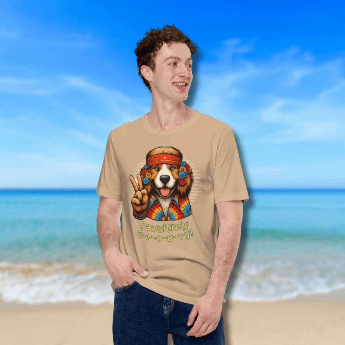 Groovy Canine - Everyday Tee - "Pawsitively Groovy" | COLORS: Red, Aqua, Gold, Tan - Unisex Staple Tee - Speak Up 4 Paws