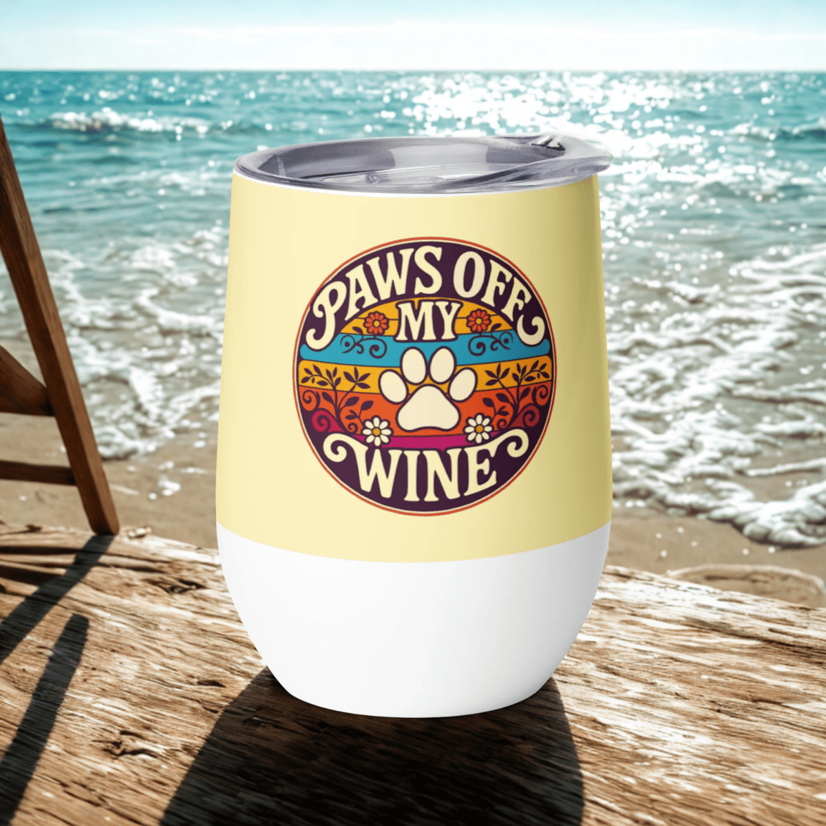 Groovy Warning - "Peace, Love & Pour Your Own!" - Pawfect Vino Tumbler (Color: Banana Mania) - Wine Tumbler - Speak Up 4 Paws