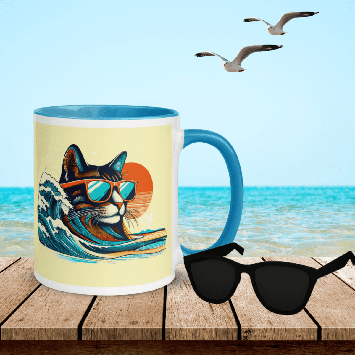 Surf's Up - Purrfection - "Oean Air. Cat Hair. No Cares." - Vivid Mug (Color: Cumulus | Blue) - Coffee Mug - Inside Color - Speak Up 4 Paws