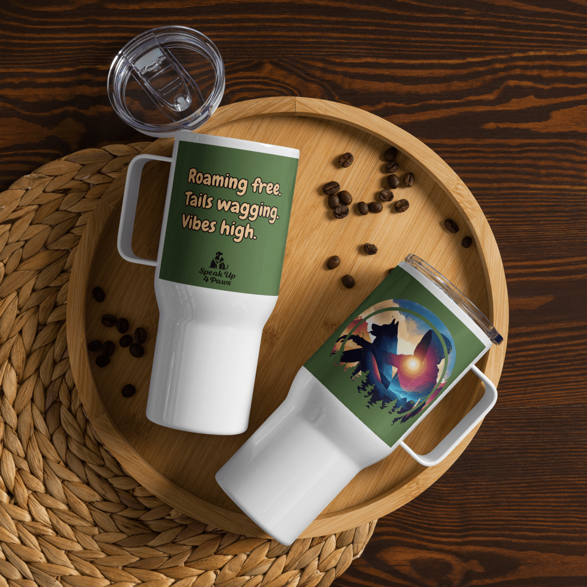 Companion Hues - "Roaming free. Tails wagging. Vibes high." - Pawfect Journey Travel Mug (Color: Fern Green) - Travel Mug - Speak Up 4 Paws