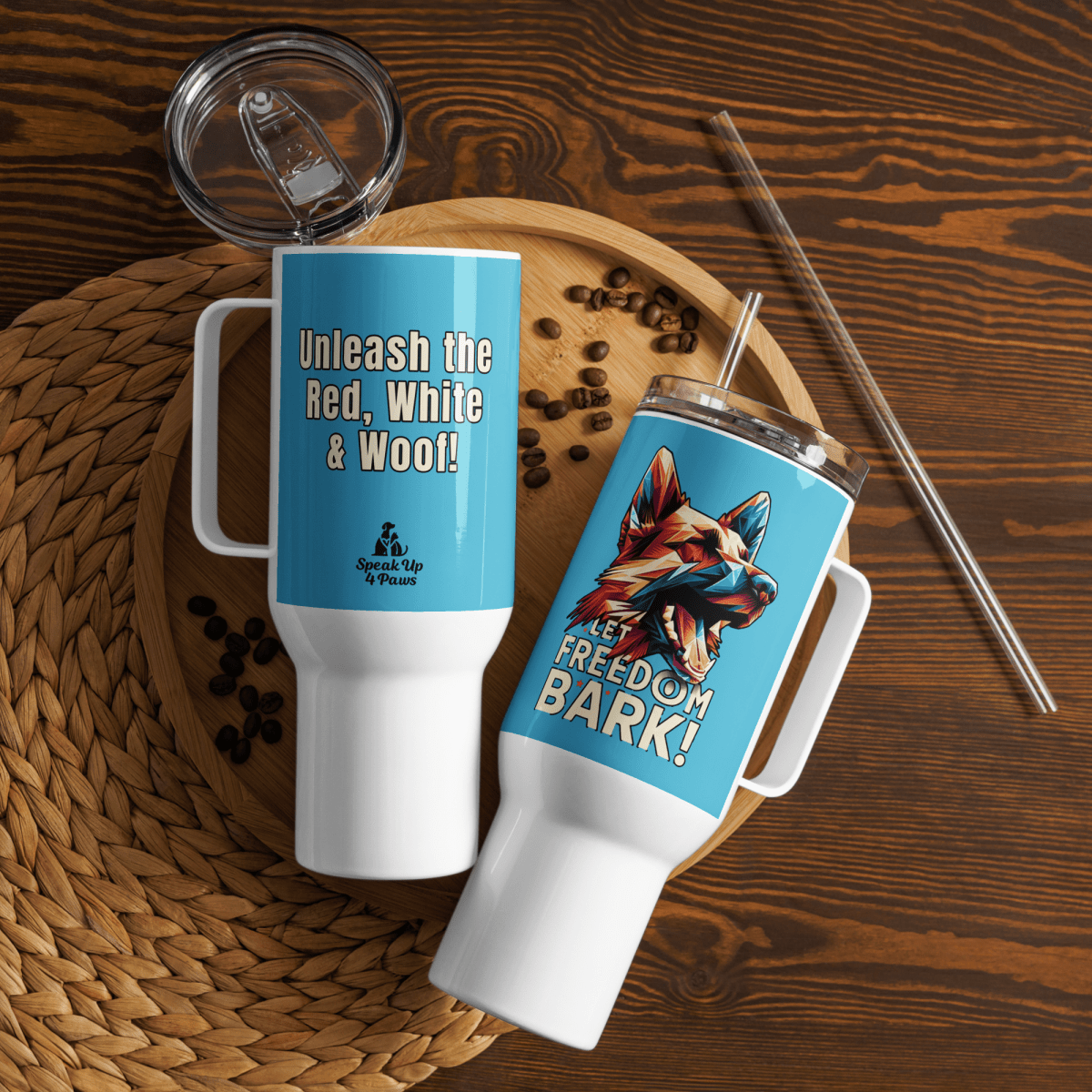 Bark of Freedom Trio - Shepherd - "Unleash the Red, White & Woof!" - Pawfect Journey Travel Mug (Color: Summer Sky) - Travel Mug - Speak Up 4 Paws