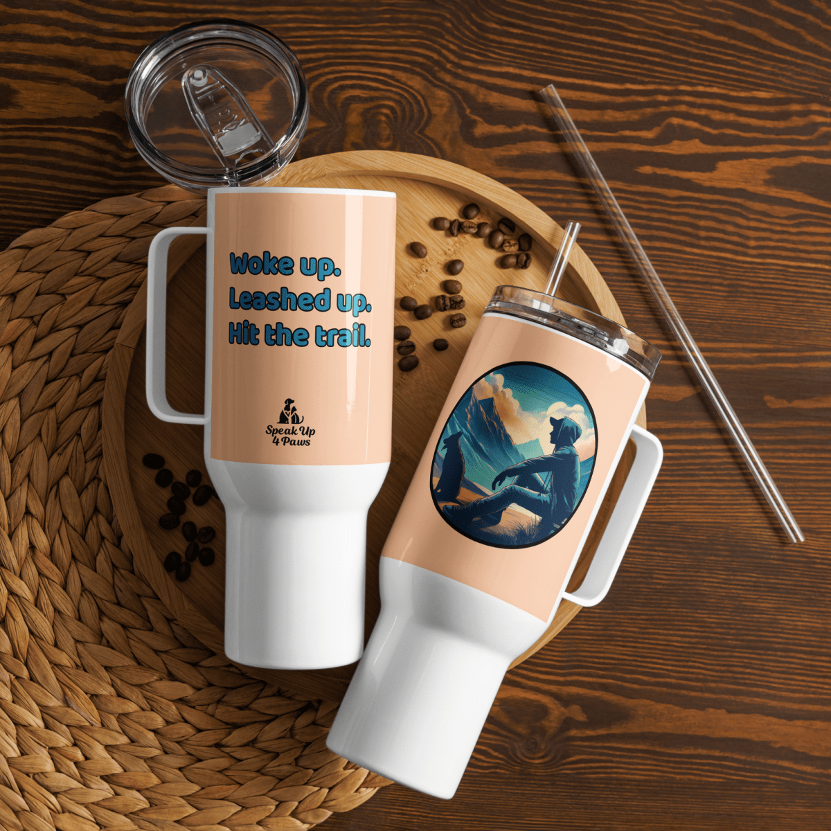 Dawn's Embrace - "Woke up. Leashed up. Hit the trail." - Pawfect Journey Travel Mug (Color: Peach) - Travel Mug - Speak Up 4 Paws