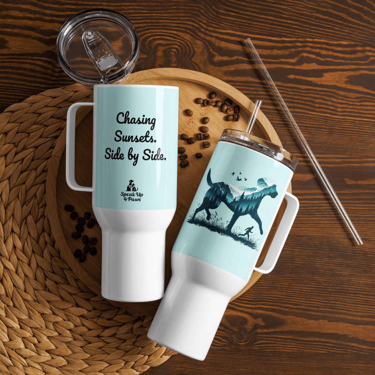 Echoes of the Mountain - "Chasing Sunsets. Side by Side." - Pawfect Journey Travel Mug (Color: Light Cyan) - Travel Mug - Speak Up 4 Paws