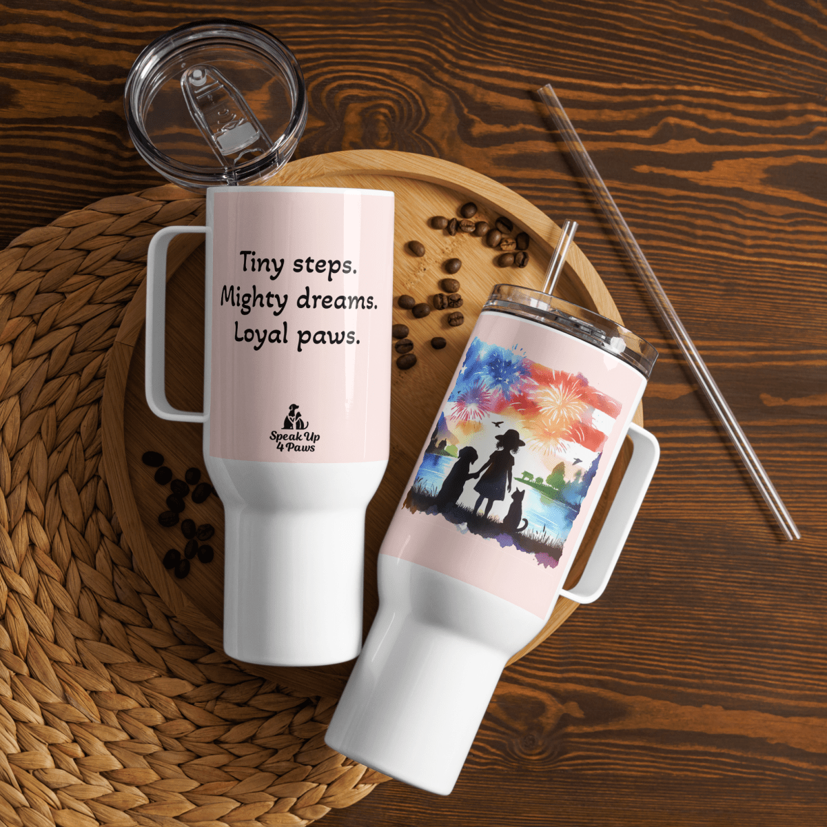 Guiding Stars - "Tiny steps. Mighty dreams. Loyal paws." - Pawfect Journey Travel Mug (Color: Misty Rose) - Travel Mug - Speak Up 4 Paws