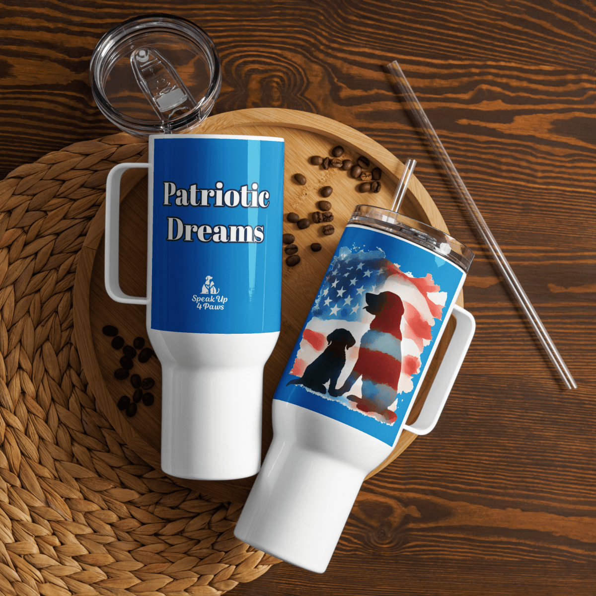 Patriotic Dreams - "Patriotic Dreams" - Pawfect Journey Travel Mug (Color: Navy Blue) - Travel Mug - Speak Up 4 Paws
