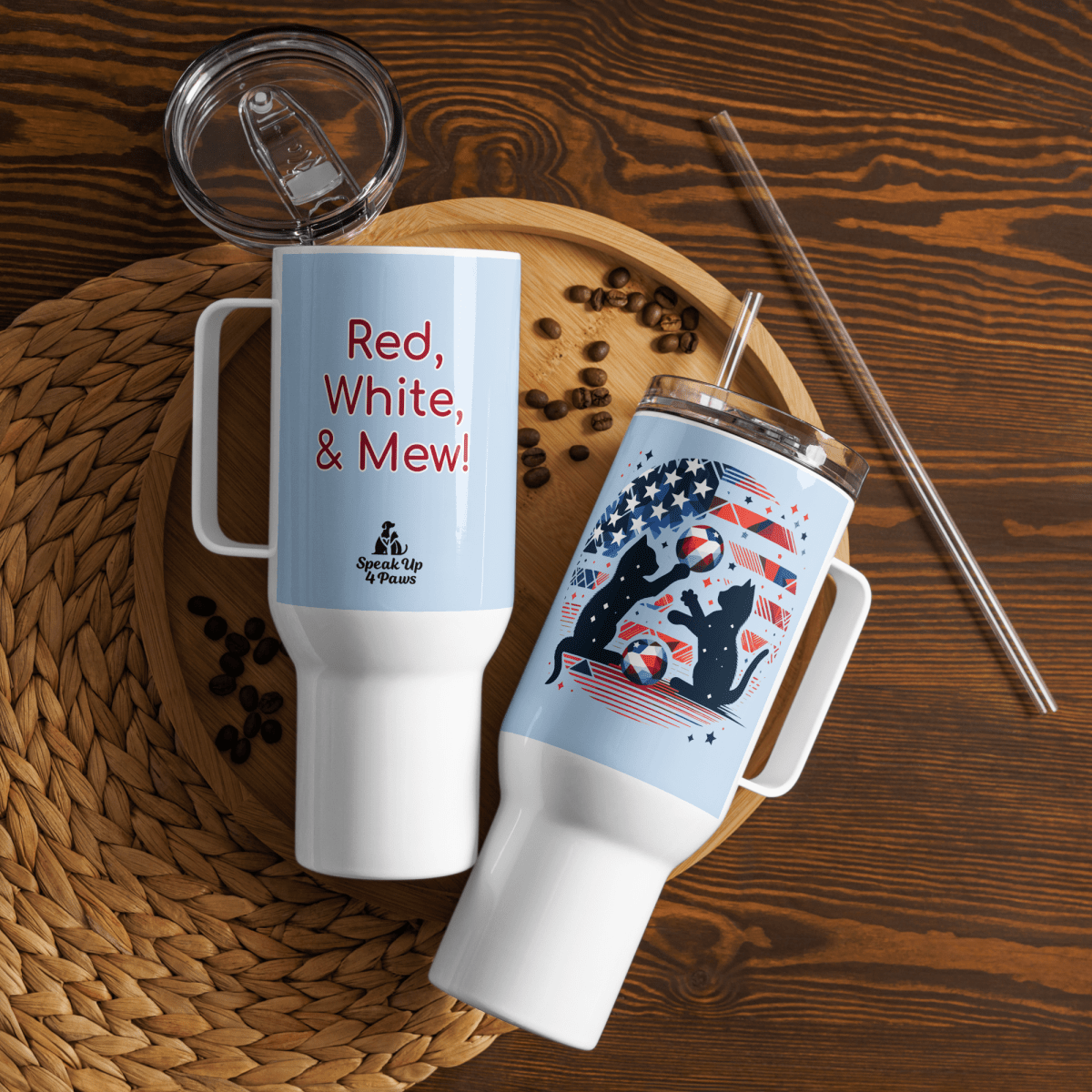Patriotic Playtime - "Red, White & Mew!" - Pawfect Journey Travel Mug (Color: Pattens Blue) - Speak Up 4 Paws