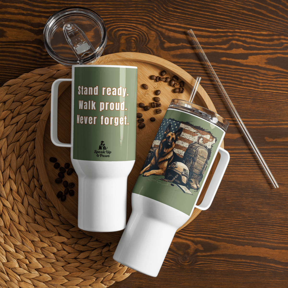 Sentinel of Valor - "Stand ready. Walk proud. Never forget." - Pawfect Journey Travel Mug (Color: Camouflage Green) - Travel Mug - Speak Up 4 Paws
