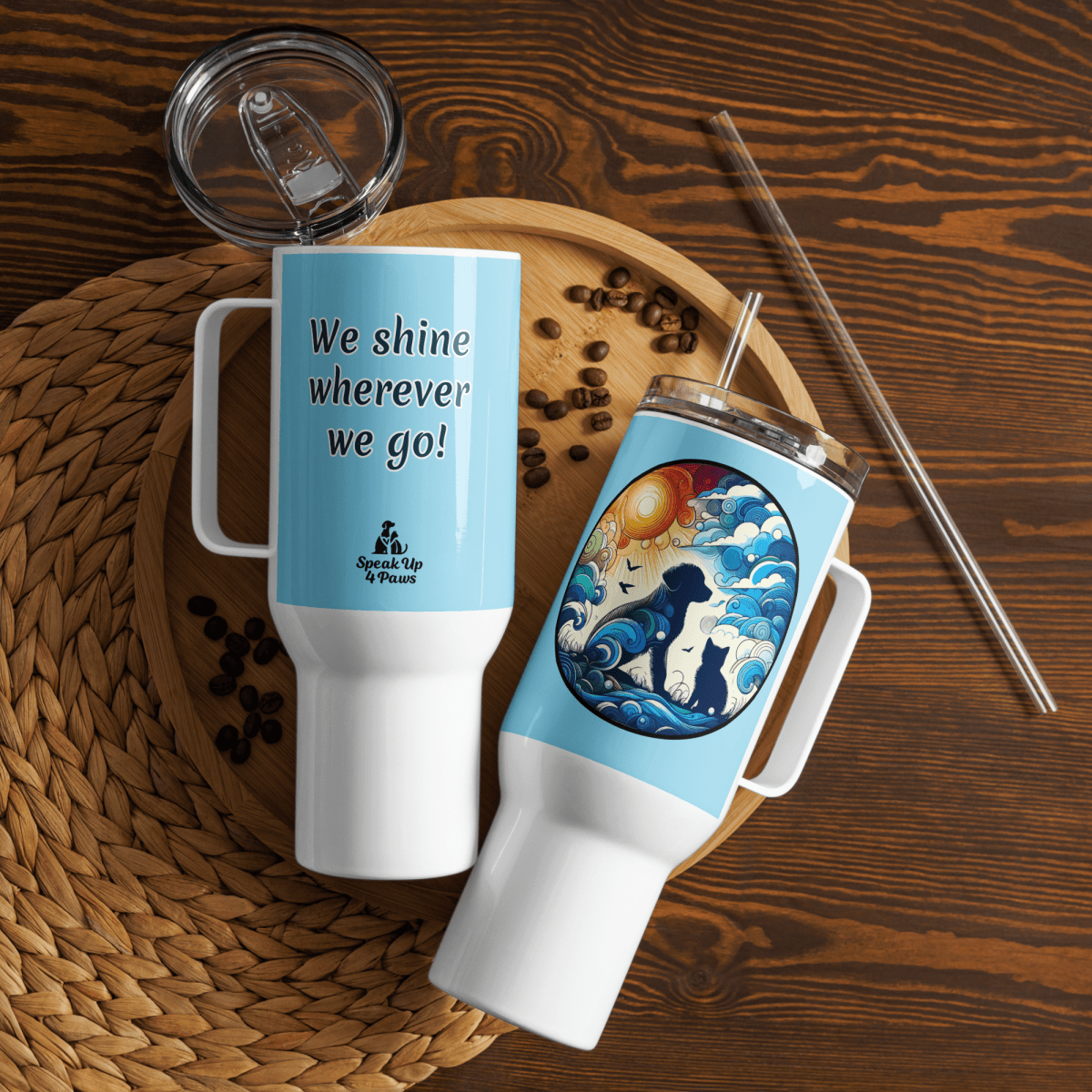 Sun - Kissed Bond - "We shine wherever we go!" - Pawfect Journey Travel Mug (Color: Columbia Blue) - Travel Mug - Speak Up 4 Paws