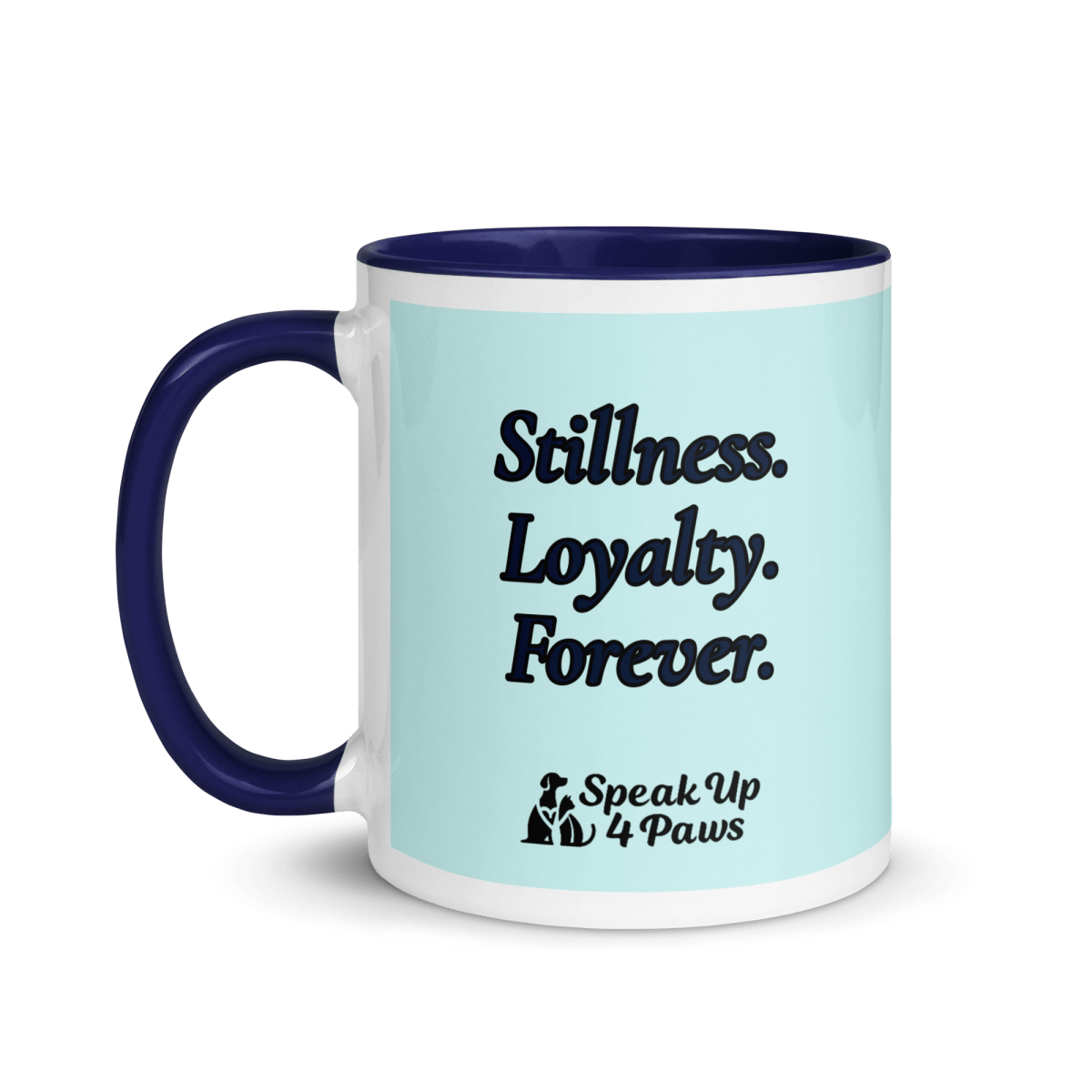 Sunset Buddies - "Stillness. Loyalty. Forever." - Vivid Mug (Color: Light Cyan | Dark Blue) - Coffee Mug - Inside Color - Speak Up 4 Paws