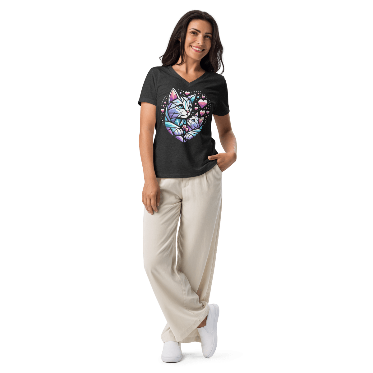 Heartfelt Whiskers - Women’s Relaxed V - Neck Tee - Womens Relaxed V - Neck Tee - Speak Up 4 Paws