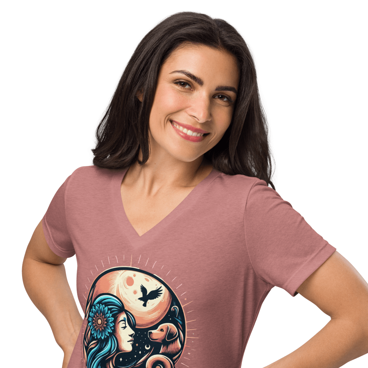 Lunar Serenade - Women’s Relaxed V - Neck Tee - Womens Relaxed V - Neck Tee - Speak Up 4 Paws