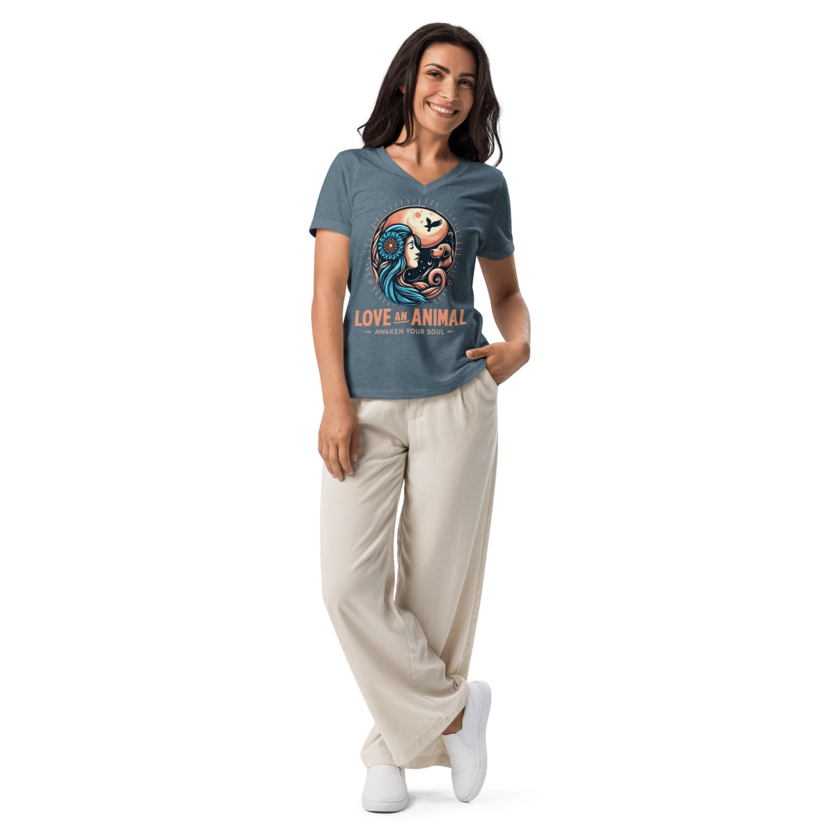 Lunar Serenade - Women’s Relaxed V - Neck Tee - Womens Relaxed V - Neck Tee - Speak Up 4 Paws