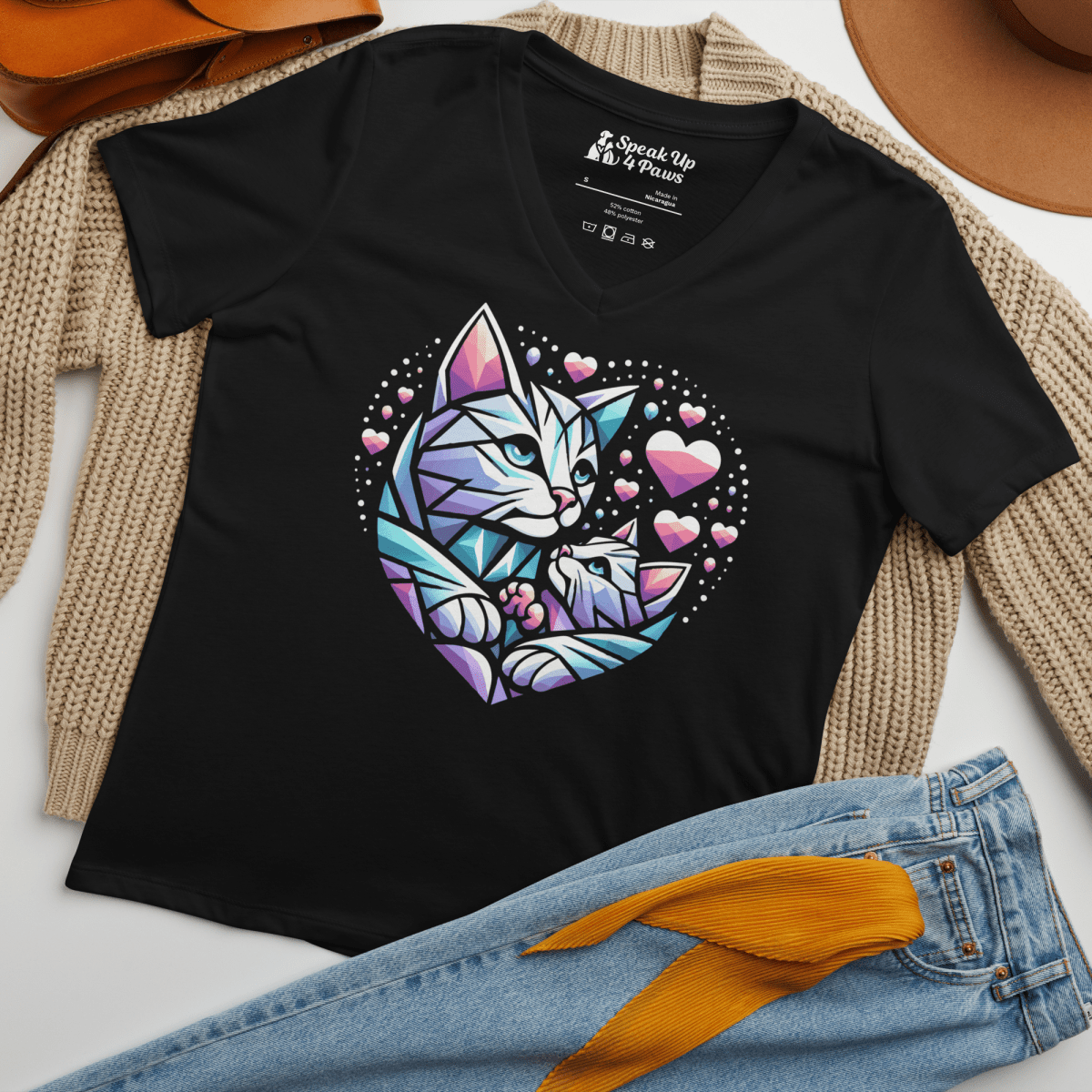 Heartfelt Whiskers - Women’s Relaxed V - Neck Tee - Womens Relaxed V - Neck Tee - Speak Up 4 Paws