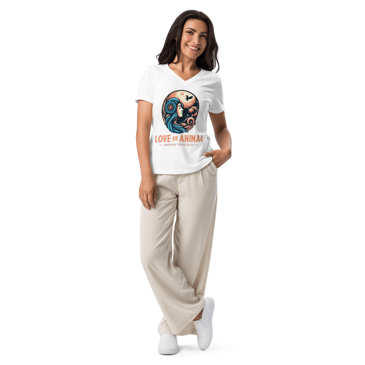 Lunar Serenade - Women’s Relaxed V - Neck Tee - Womens Relaxed V - Neck Tee - Speak Up 4 Paws