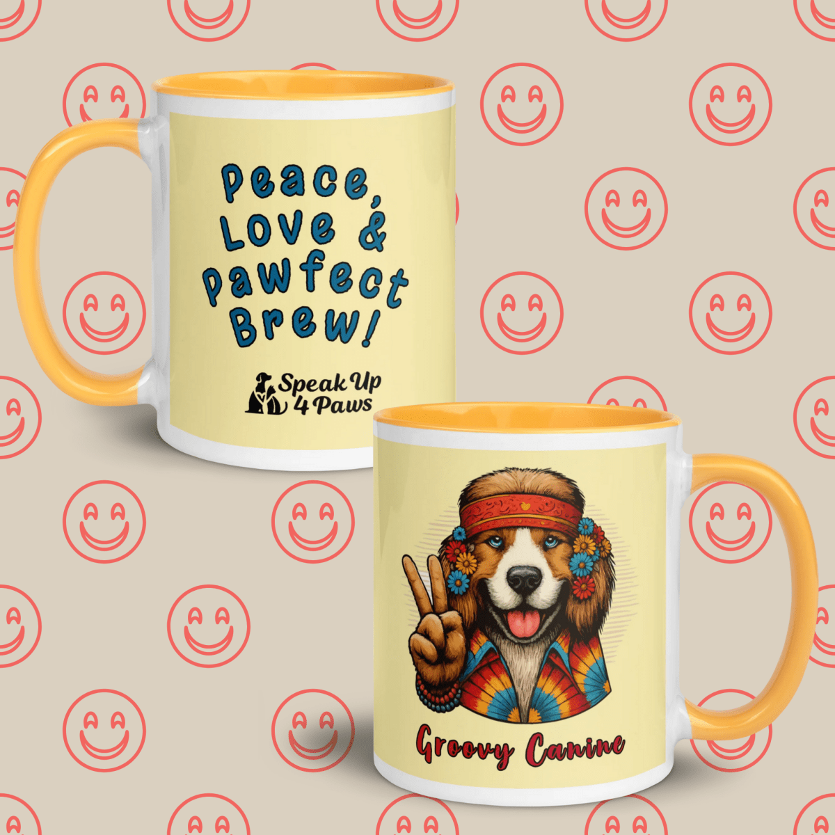 Groovy Canine - "Peace, Love & Pawfect Brew!" - Vivid Mug (Color: Banana Mania | Golden Yellow) - Coffee Mug - Inside Color - Speak Up 4 Paws