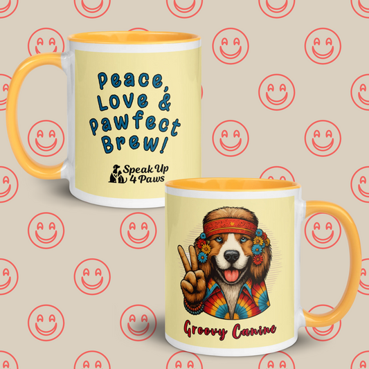 Groovy Canine - "Peace, Love & Pawfect Brew!" - Vivid Mug (Color: Banana Mania | Golden Yellow)