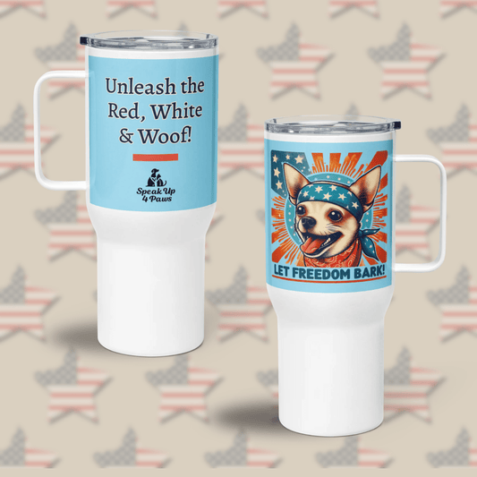 Bark of Freedom Trio - Chihuahua - "Unleash the Red, White & Woof!" - TrailMate Tumbler (Color: Columbia Blue) - Travel Mug - Speak Up 4 Paws