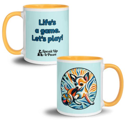 Chihuahua's Playful Dance - "Life's a game. Let's play!" - Vivid Mug (Color: Light Cyan | Golden Yellow) - Coffee Mug - Inside Color - Speak Up 4 Paws
