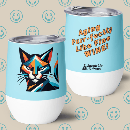 Defiant Feline - "Aging Purr - fectly Like Fine WINE!" - Pawfect Vino Tumbler (Color: Blizzard Blue) - Wine Tumbler - Speak Up 4 Paws