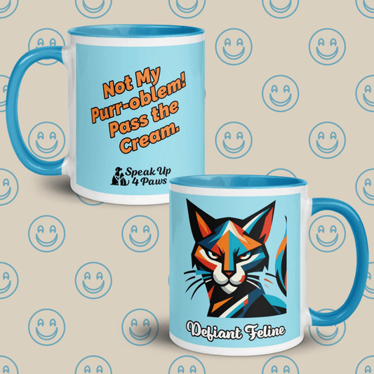 Defiant Feline - "Warning! Claws Out Before Coffee!" - Vivid Mug (Color: Blizzard Blue | Blue) - Coffee Mug - Inside Color - Speak Up 4 Paws