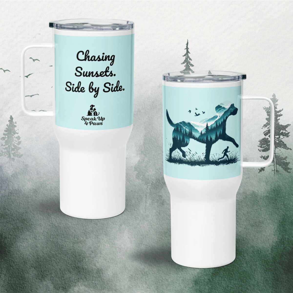 Echoes of the Mountain - "Chasing Sunsets. Side by Side." - TrailMate Tumbler (Color: Light Cyan) - Travel Mug - Speak Up 4 Paws