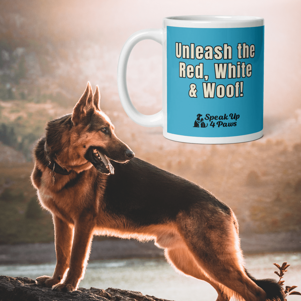 Bark of Freedom Trio - Shepherd - "Unleash the Red, White & Woof!" - Signature Mug (Color: Summer Sky) - Coffee Mug - Speak Up 4 Paws