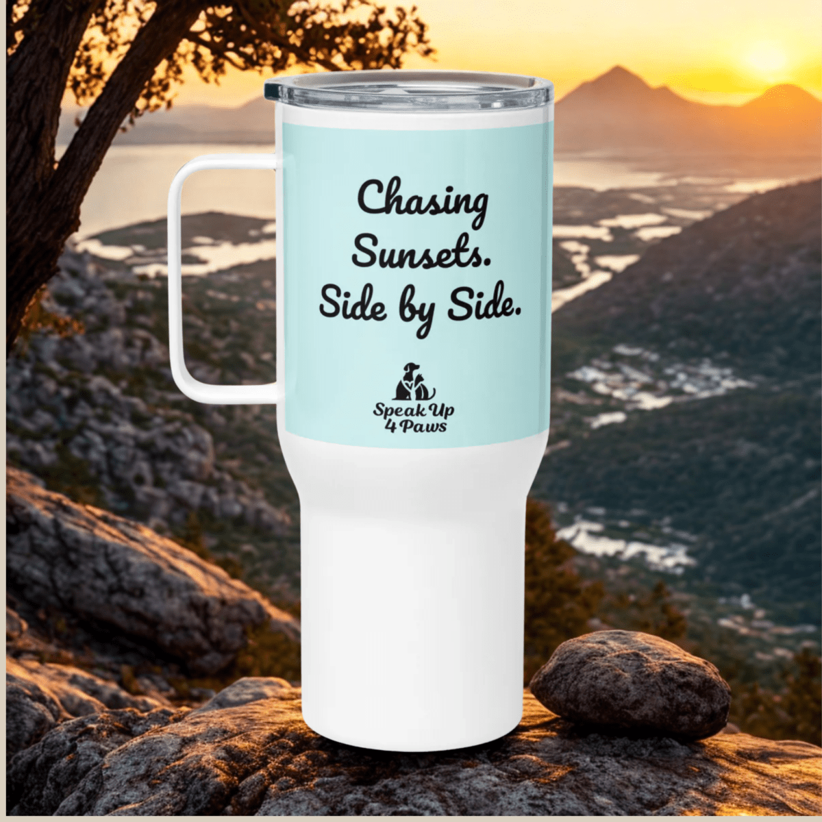 Echoes of the Mountain - "Chasing Sunsets. Side by Side." - TrailMate Tumbler (Color: Light Cyan) - Travel Mug - Speak Up 4 Paws