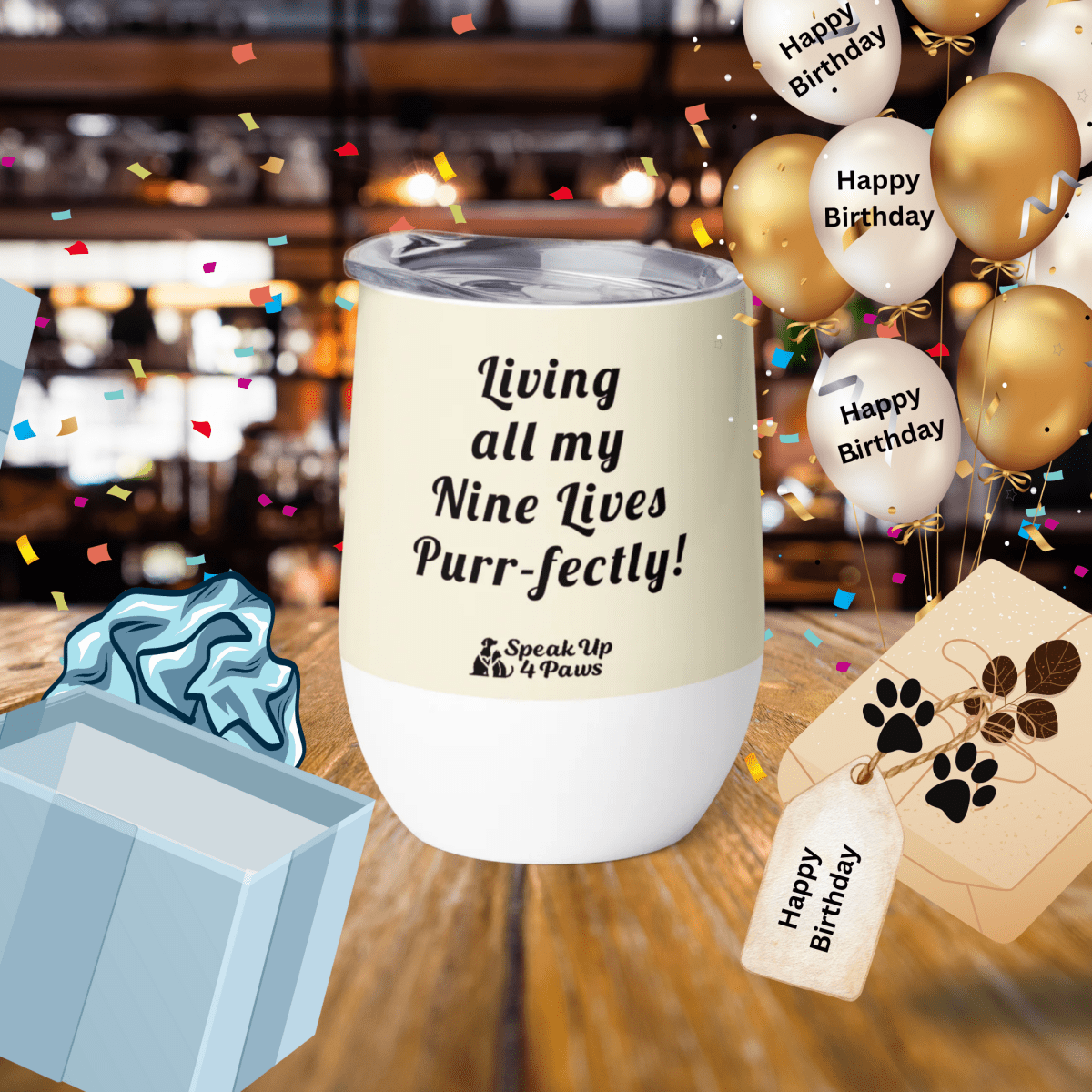 Feline Reverie - "Living all my Nine Lives Purr - fectly!" - Pawfect Vino Tumbler (Color: Apricot White) - Wine Tumbler - Speak Up 4 Paws