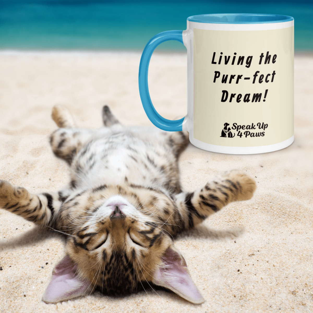 Feline Reverie - "Living the Purr - fect Dream!" - Vivid Mug (Color: Apricot White | Blue) - Coffee Mug - Inside Color - Speak Up 4 Paws