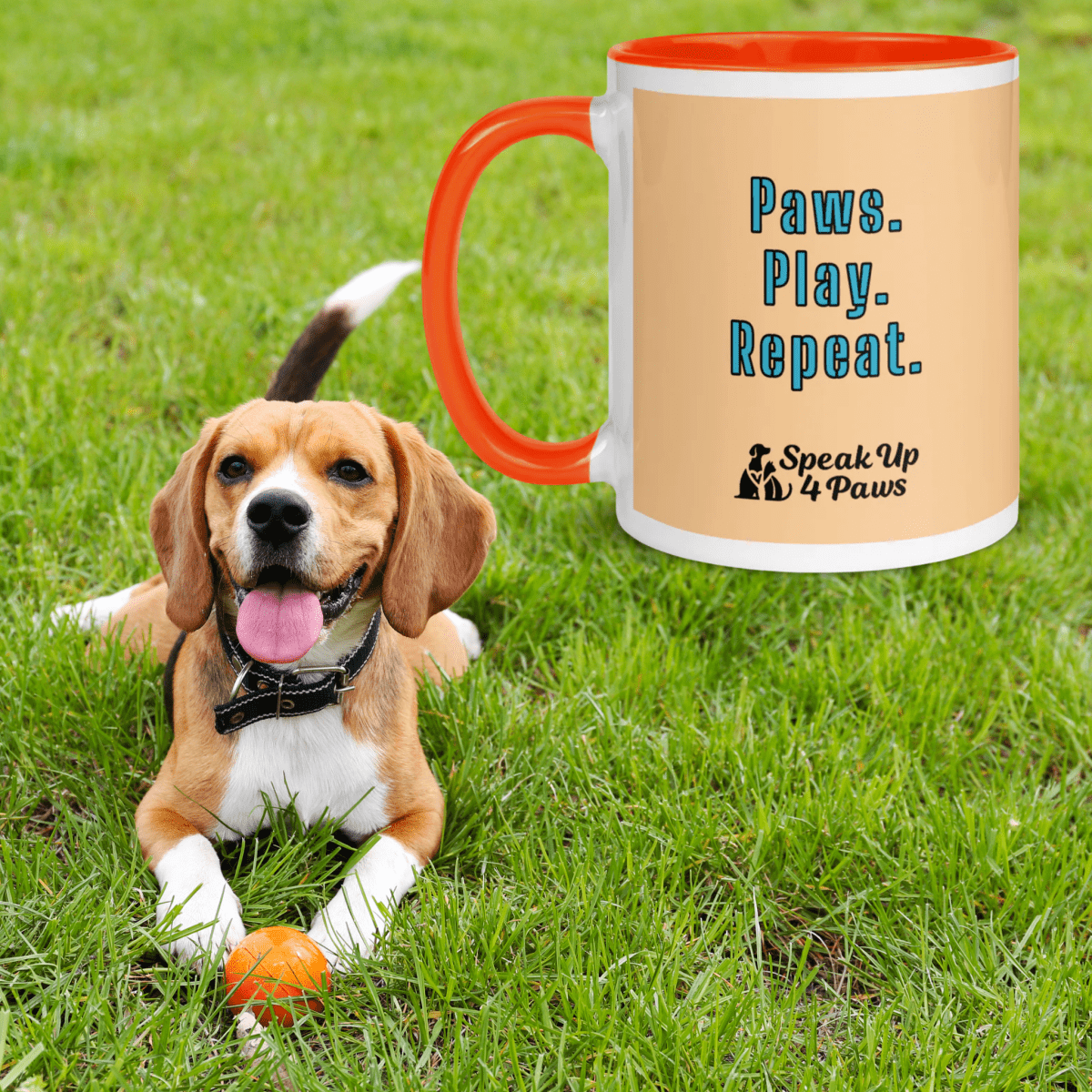 Geometric Puppy Play - "Paws. Play. Repeat." - Vivid Mug (Color: Frangipani | Orange) - Coffee Mug - Inside Color - Speak Up 4 Paws