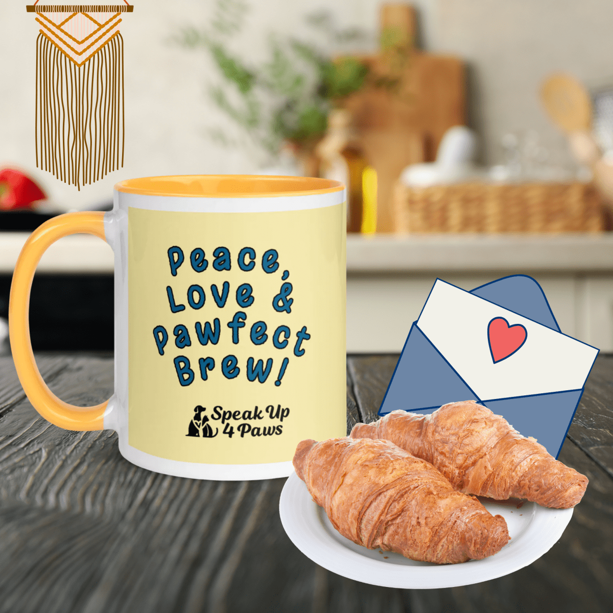 Groovy Canine - "Peace, Love & Pawfect Brew!" - Vivid Mug (Color: Banana Mania | Golden Yellow) - Coffee Mug - Inside Color - Speak Up 4 Paws