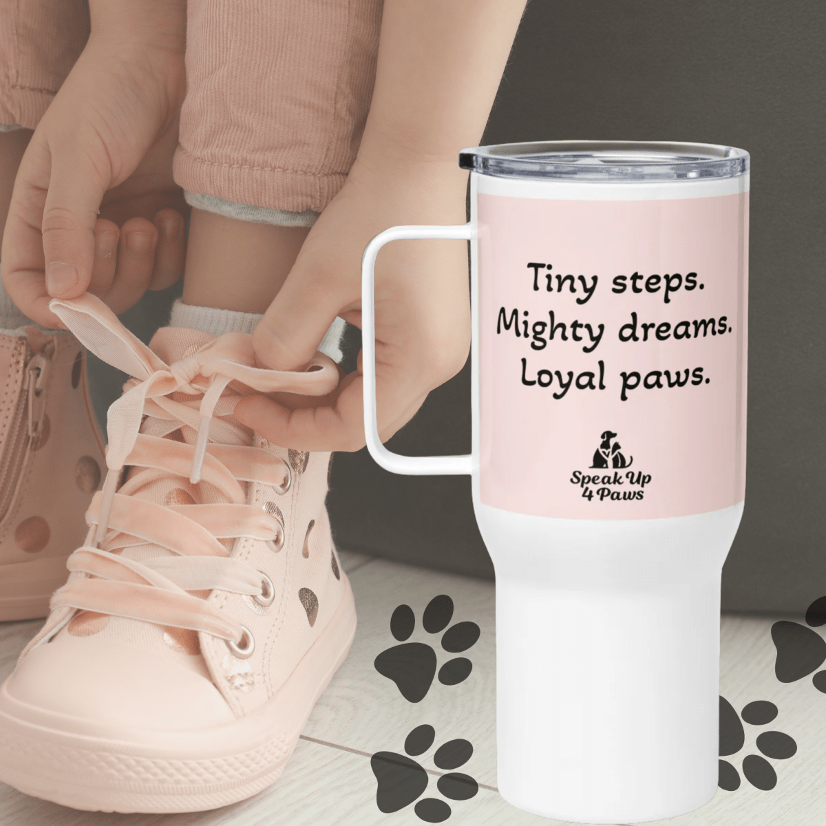 Guiding Stars - "Tiny steps. Mighty dreams. Loyal paws." - TrailMate Tumbler (Color: Misty Rose) - Travel Mug - Speak Up 4 Paws
