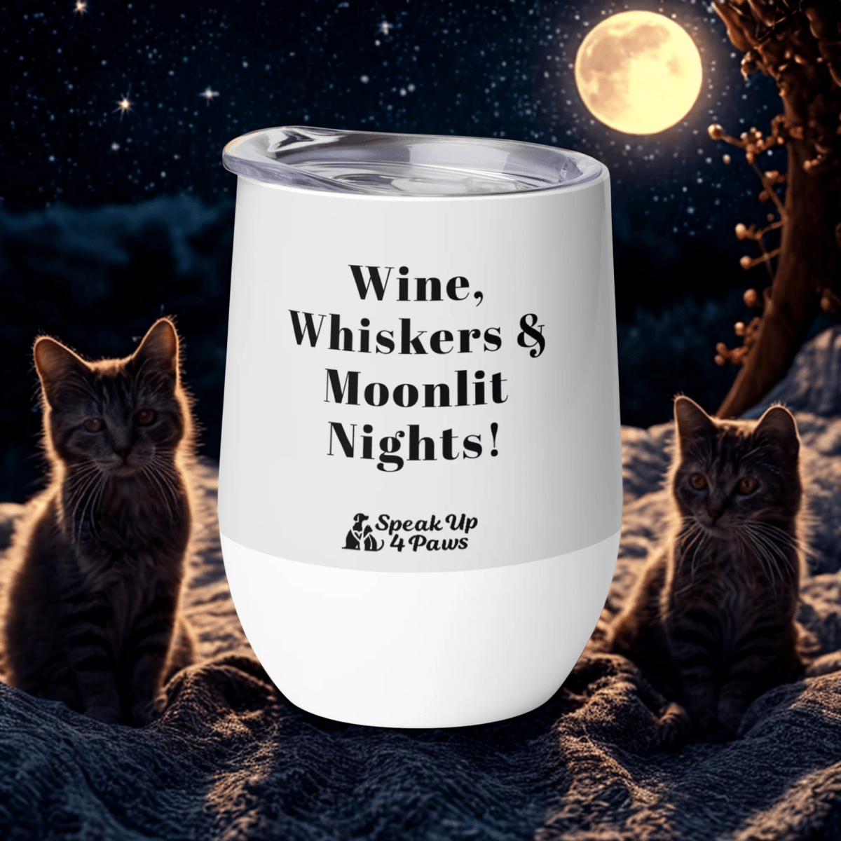 Moonlit Pour - "Wine, Whiskers & Moonlit Nights!" - Pawfect Vino Tumbler (Color: Whisper) - Wine Tumbler - Speak Up 4 Paws