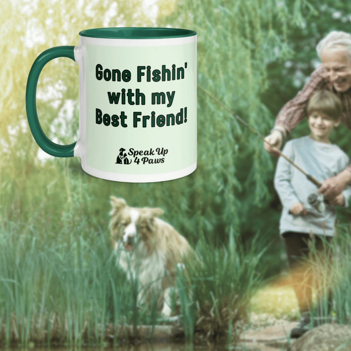 Paws to Fish - "Gone Fishin' with my Best Friend!" - Vivid Mug (Color: Honeydew | Dark Green) - Coffee Mug - Inside Color - Speak Up 4 Paws