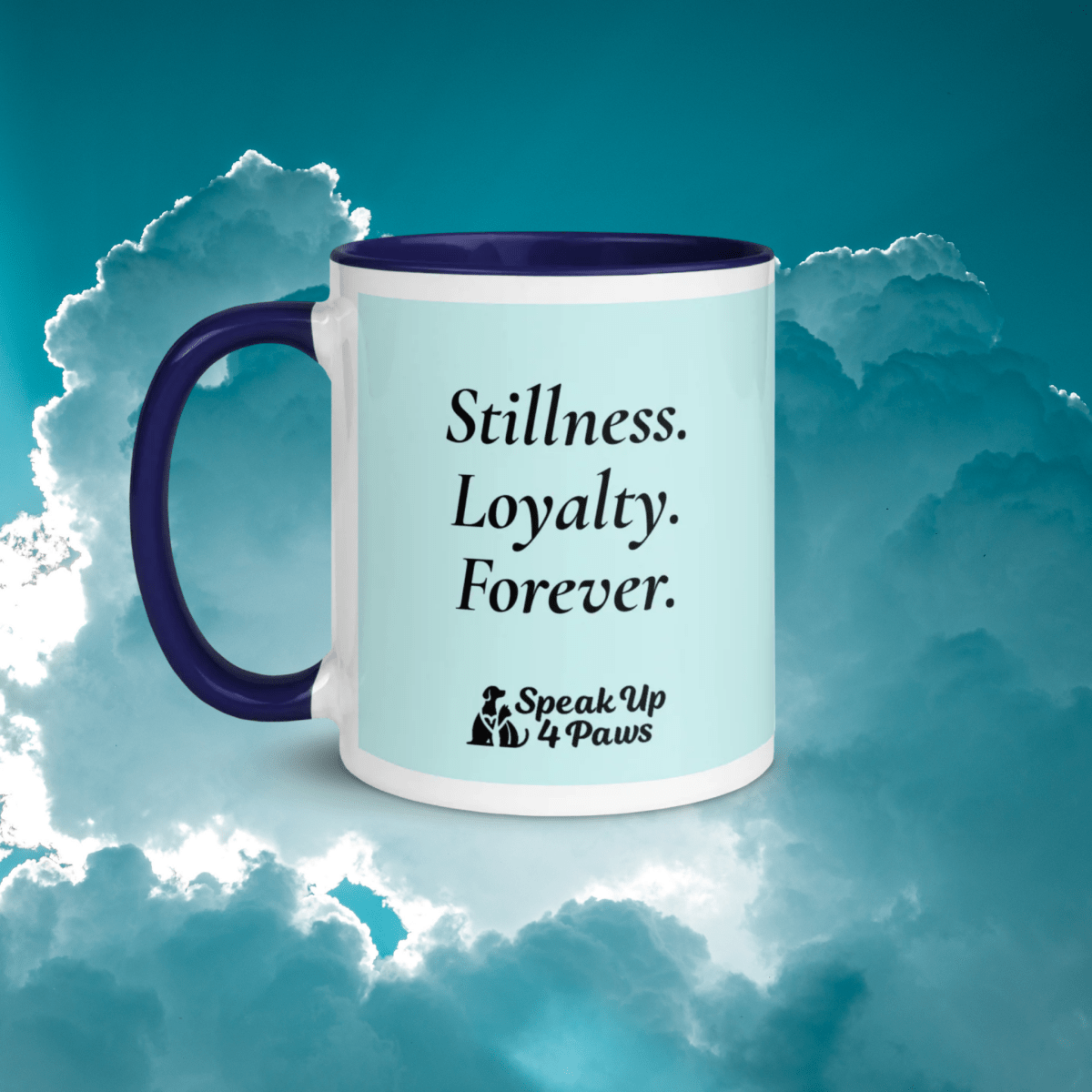 Sunset Buddies - "Stillness. Loyalty. Forever." - Vivid Mug (Color: Light Cyan | Dark Blue) - Coffee Mug - Inside Color - Speak Up 4 Paws