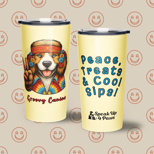 Groovy Canine - "Peace, Treats & Cool Sips!" - Signature Tumbler (Color: Banana Mania) - Tapered Tumbler - Speak Up 4 Paws