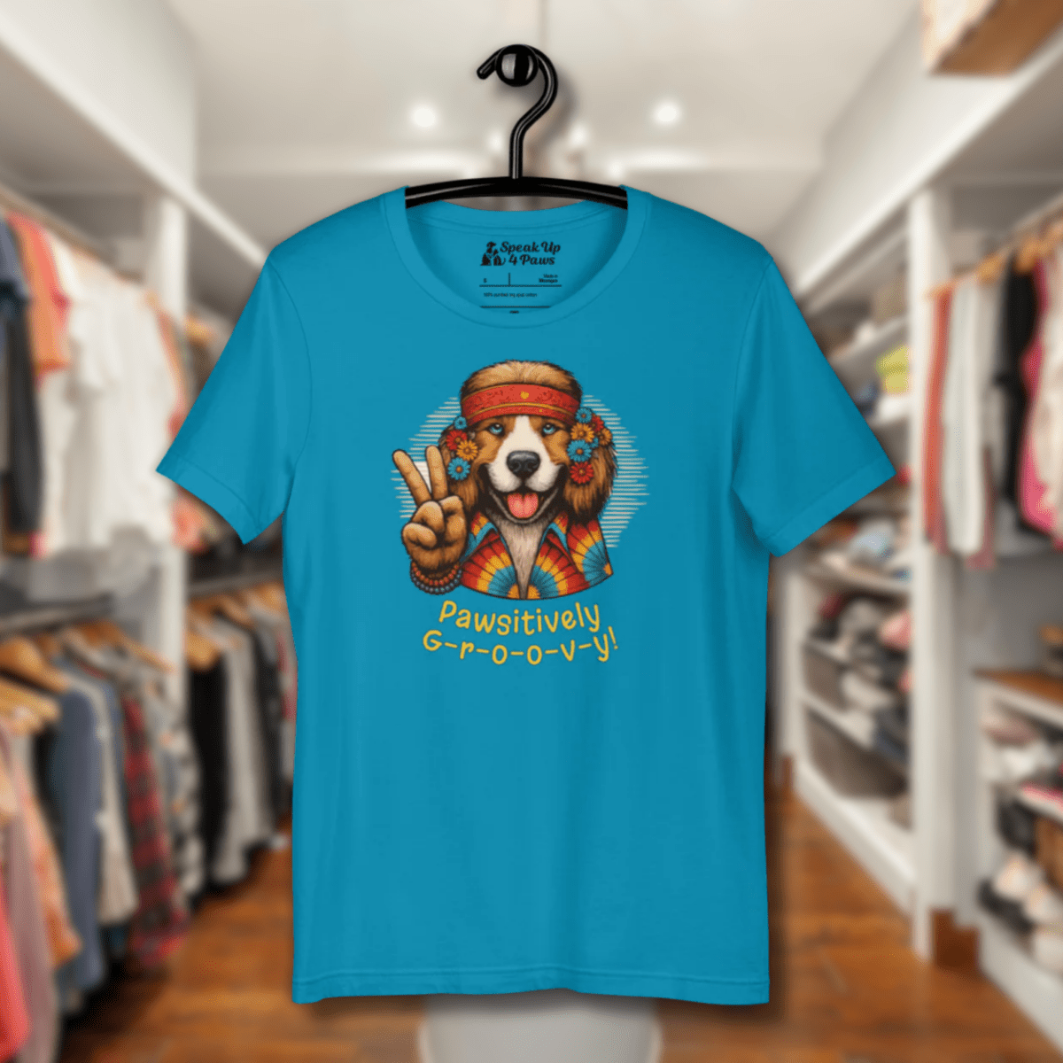 Groovy Canine - Everyday Tee - "Pawsitively Groovy" | COLORS: Red, Aqua, Gold, Tan - Unisex Staple Tee - Speak Up 4 Paws
