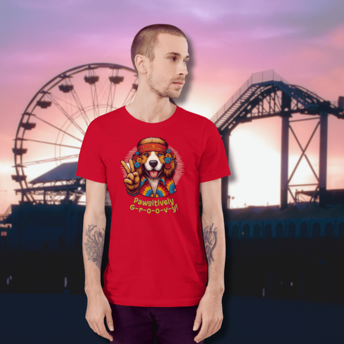 Groovy Canine - Everyday Tee - "Pawsitively Groovy" | COLORS: Red, Aqua, Gold, Tan - Unisex Staple Tee - Speak Up 4 Paws