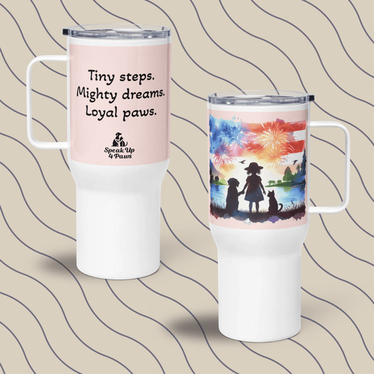 Guiding Stars - "Tiny steps. Mighty dreams. Loyal paws." - TrailMate Tumbler (Color: Misty Rose) - Travel Mug - Speak Up 4 Paws